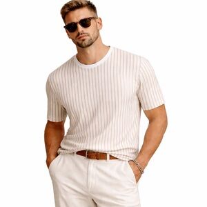 Men’s Beige White Vertical Stripe Tee Large Minimalist Coastal Summer